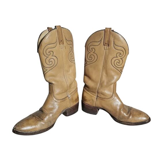 Mens Vintage Dingo Tan Leather Cowboy Boots Wood Heel Sz 9.5 D Western Rugged